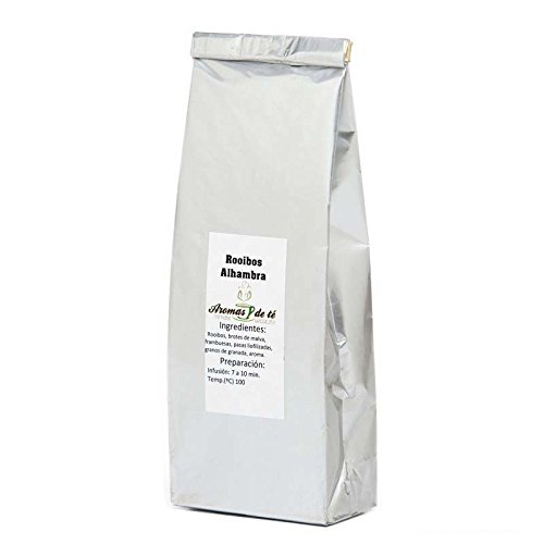 Aromas de Té - Té Infusión Rooibos Alhambra a Granel Afrutado Relajante y Digestivo con Brotes de Malva, Frambuesas, Pasas Liofilizadas y Granos de Granada, 100 gr