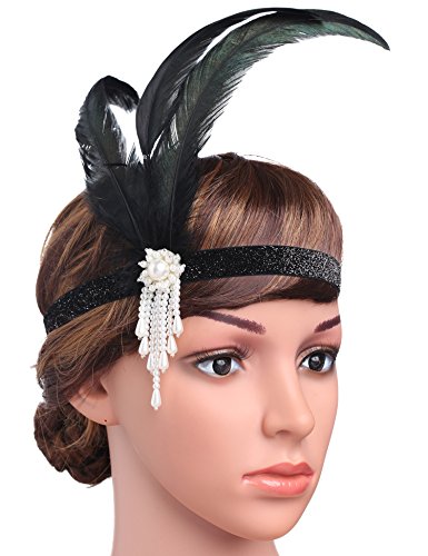 ArtiDeco 1920 Diadema de Pluma con Cuentas Cinta para el Pelo con Cristal Vintage Años 20 Flapper Pelo Banda de Pluma Disfraz Gatsby Accesorio