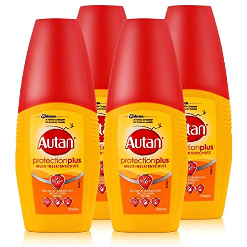 Autan Protection Plus - Spray de protección contra insectos, 100 ml, 4 unidades, protege hasta 8 horas contra mosquitos, hasta 5 horas contra moscas como por ejemplo frenos