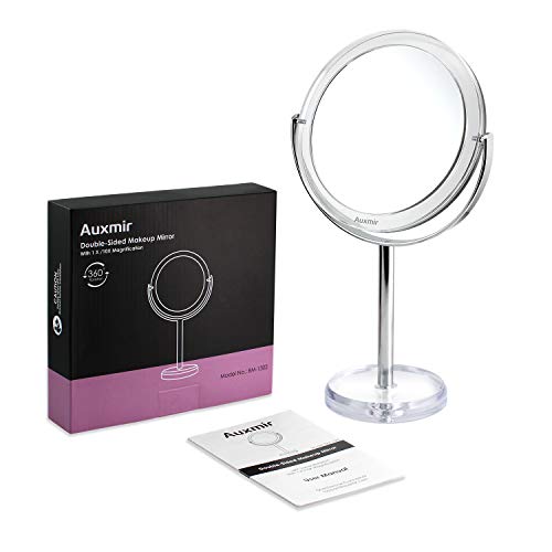 Auxmir Espejo de Maquillaje con Aumento 1X / 10X, Espejo Cosmético de Doble Cara, Espejo de Mesa con Rotación de 360° para Maquillaje, Afeitado y Cuidado Facial, Plata