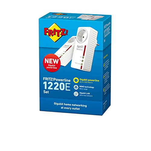 AVM FRITZ!Powerline 1220E Set International - Adaptador/extensor de red por línea eléctrica, PLC, compatible HomePlug AV2, IEEE P1901, 1200 Mbps, 2 puertos LAN Gigabit, toma de corriente integrada