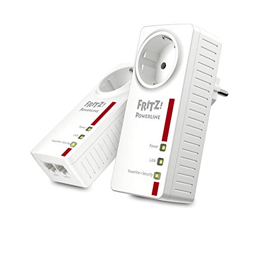 AVM FRITZ!Powerline 1220E Set International - Adaptador/extensor de red por línea eléctrica, PLC, compatible HomePlug AV2, IEEE P1901, 1200 Mbps, 2 puertos LAN Gigabit, toma de corriente integrada