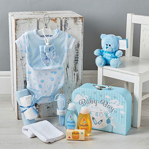 Baby Box Shop - Cesta regalo bebé niño para baby shower con todo lo esencial para bebes recién nacidos con osito de peluche y caja de recuerdos azul