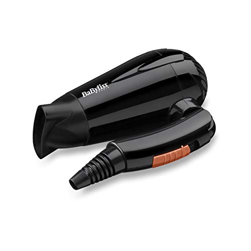 BaByliss 5344E Secador de viaje plegable con 2000W de potencia, 2 velocidades y temperaturas, doble voltaje, compacto, ligero 318 g, boquilla concentradora incluida, color negro