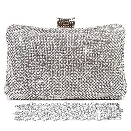 BAIGIO Bolso Fiesta Mujer Plateado, Clutch Bolso de Noche Boda Ceremonia Novia Cartera de Mano con Anillo Diamante