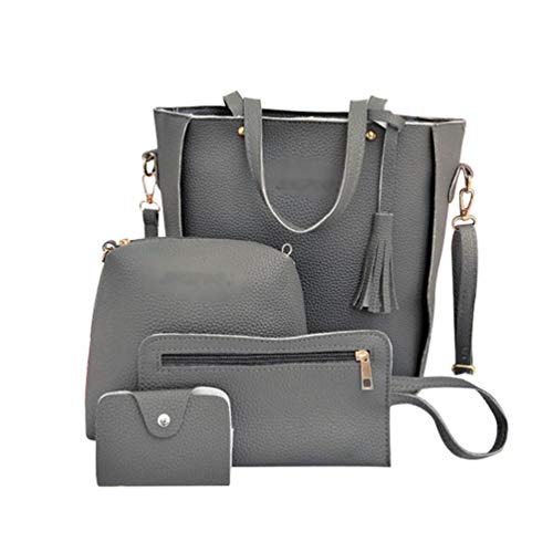 Baijiaye Bolsos de Cuero PU 4 Piezas Set Mujer Bolso de Mano Cruzada Bolsa de Hombro Damas Carteras de Mano Bolsa Titular de la Tarjeta Gris Oscuro