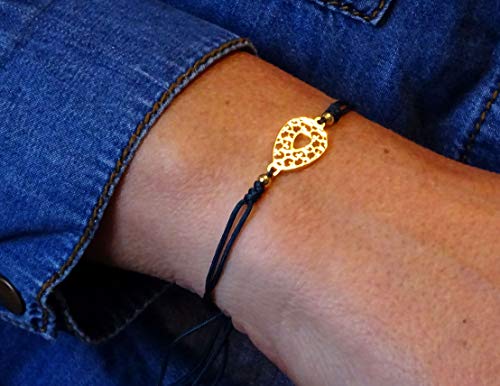 BALI PAPAYA Pulsera Mujer niña Chapado en Oro cordón Azul petróleo Talla Regulable Arabesque Artisanal