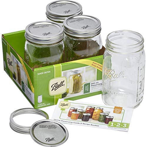 BALL MASON JARS 1440006704 - Paquete de 4 frascos de 945 ml para conserva con boca ancha