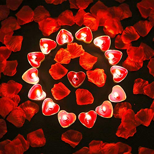 Bdecoll San Valentín & Bodas Decoración,1000 Piezas Pétalos de Rosa| 50 Rojo Velas Románticas de Corazón de Amor Para Decoración de Mesa de Boda, Día de San Valentín, Aniversario