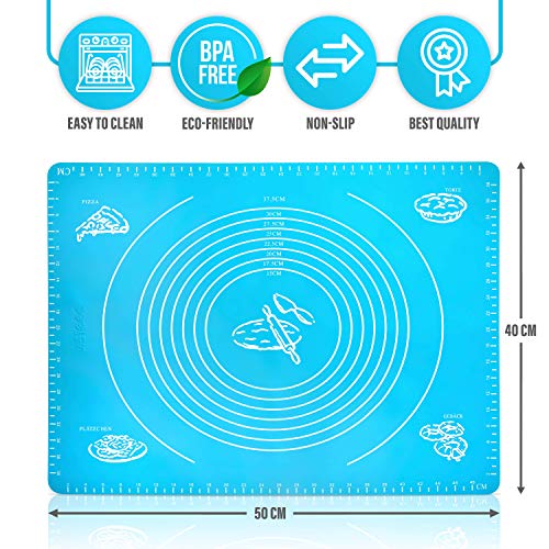 Belmalia Tapete de Silicona para Hornear, Enrollable, Resistente al Calor, para su Pizza, Masa, Fondant, Pasteles, Cocina 50x40cm Azúl