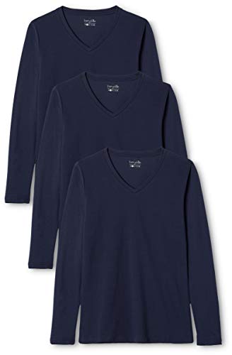 Berydale Camiseta de manga larga de mujer, con cuello de pico, lote de 3, en varios colores, Navy, M