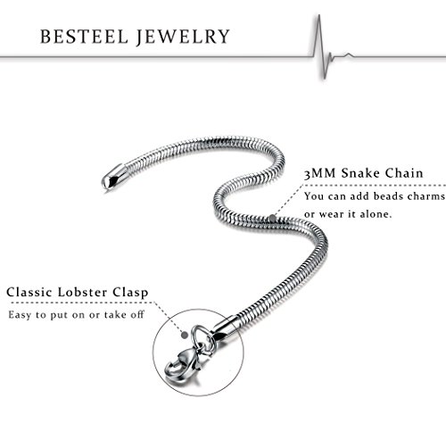 Besteel 3 MM Acero Inoxidable Pulsera Serpiente Cadena para Mujeres Hombres Brazalete Pulseras para Charms y Abalorios, 16.5CM