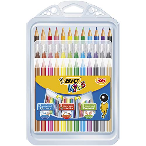 BIC Kids Set para Colorear - 12 rotuladores/12 Lápices para Colorear/12 Ceras, colores Surtidos, Estuche de 36 unidades