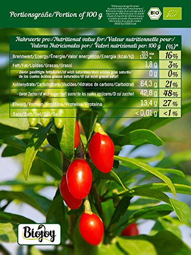 Biojoy Bayas de Goji orgánicas, sin azufre y azúcar Lycium barbarum (0,5 kg)