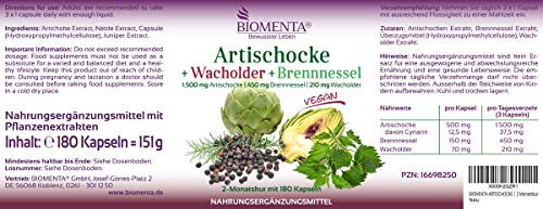 BIOMENTA Alcachofa + Enebro + Ortiga - con 1.500 mg de extracto de alcachofa, de los cuales 2.5% de cinarina - 180 cápsulas veganas de alcachofa - durante dos meses