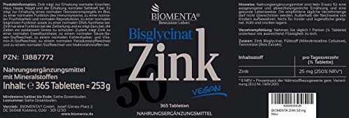 BIOMENTA ZINC 50 mg - 365 VEGAN Zinc Tablets - 25 mg Zinc cada ½ Tablet - Zink Bisglycinat