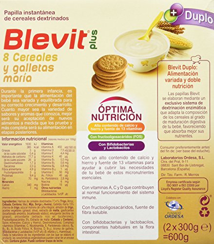 Blevit Plus Duplo 8 Cereales y Galletas María, 1 unidad 600 gr. A partir de los 5 meses.