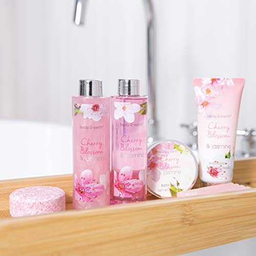 Body & Earth Set de Regalo de Baño con Bañera de Plástico, Set de Baño y Ducha de 8 Piezas con Fragancia Cerezo y Jazmín