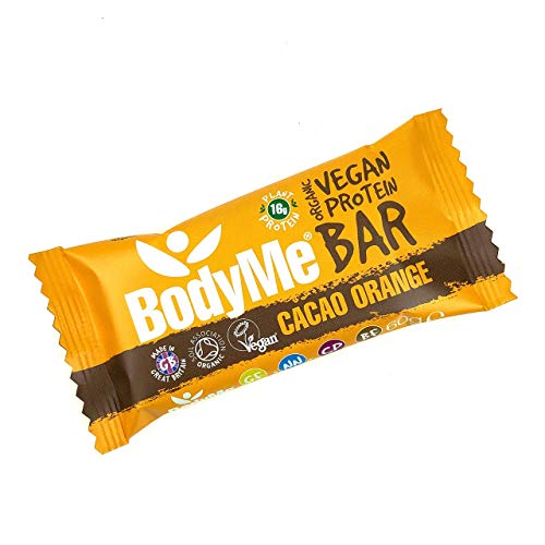 BodyMe Barritas Proteinas Veganas Organica | Crudo Cacao Naranja | 12 x 60g Barra Proteina Vegana | Sin Gluten | 16g Proteína Completa | 3 Proteina Vegetal | Aminoacidos Esenciales | Vegan Protein Bar