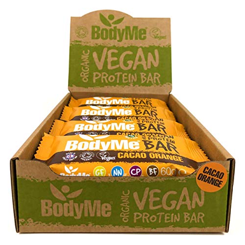 BodyMe Barritas Proteinas Veganas Organica | Crudo Cacao Naranja | 12 x 60g Barra Proteina Vegana | Sin Gluten | 16g Proteína Completa | 3 Proteina Vegetal | Aminoacidos Esenciales | Vegan Protein Bar