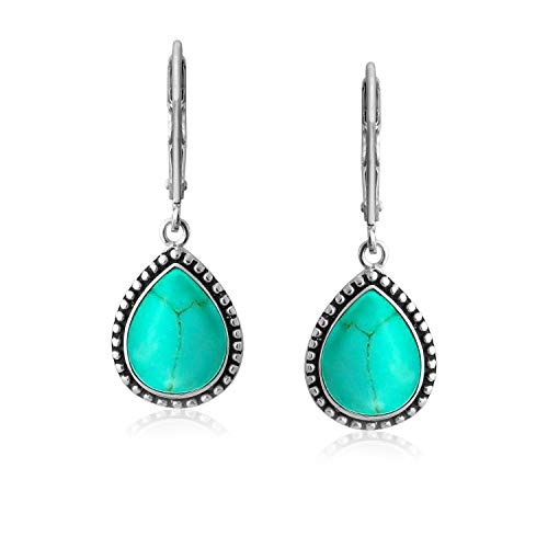 Boho Bali estilo azul estabilizado turquesa semi precioso pera en forma de lágrima con forma de lágrima colgante colgante pendientes para las mujeres adolescentes oxidado 925 plata de ley