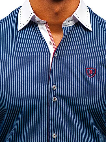 BOLF Hombre Camisa de Rayas De Manga Larga Cuello Italiano Camisa de Algodón Slim fit Estilo Casual 4784-A Azul Oscuro L [2B2]