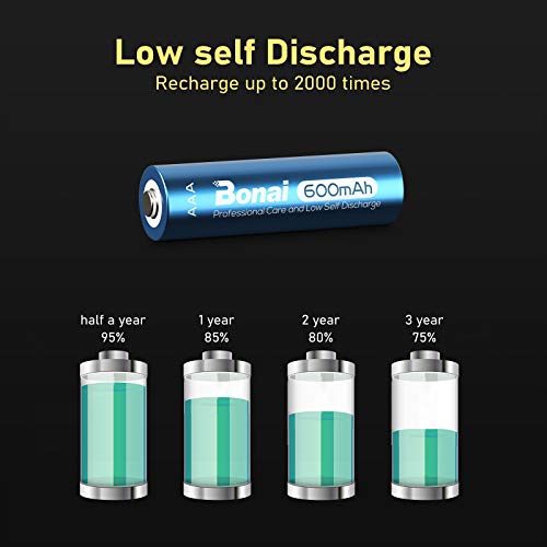 BONAI Pilas AAA Recargables 8 Piezas 600mAh 1.2V NI-MH 2000 Ciclos Precargadas Pilas Recargables AAA para Reemplazo de Baterías de Luces Solares