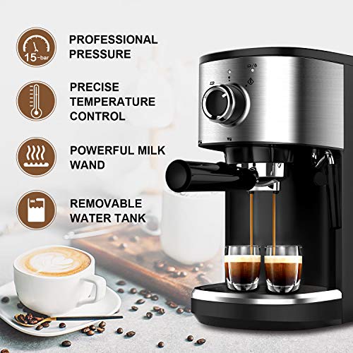 Bonsenkitchen Cafetera Espresso, Máquina de Café Espresso de Acero Inoxidable, Presión 15 Bares, 1450 W, Manual Cafetera Profesional para Espresso y Capuccino (CM8902, 1.25L)