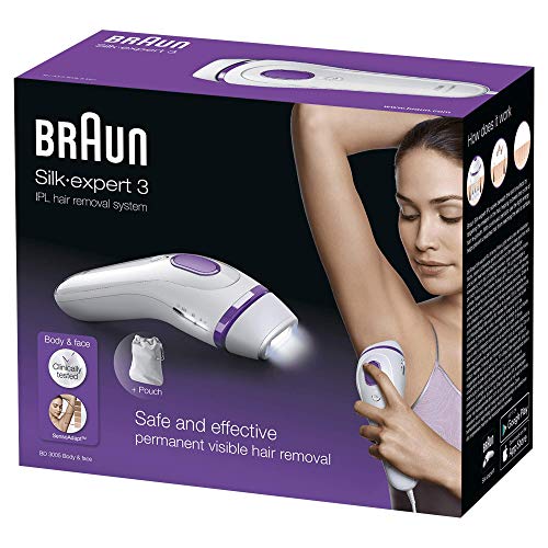 Braun Silk-expert 3 IPL BD 3005 - Kit con depiladora de luz pulsada y funda, color blanco y violeta