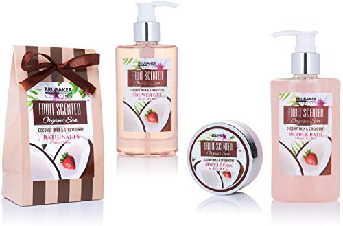 BRUBAKER Cosmetics Set de Baño y Ducha"Leche de Coco y Fresa" - Fragancia de Coco y fresa - Set de regalo de 5 piezas en estuche de regalo