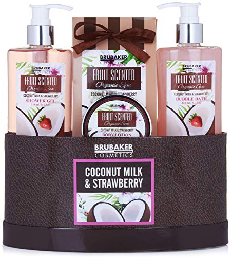 BRUBAKER Cosmetics Set de Baño y Ducha"Leche de Coco y Fresa" - Fragancia de Coco y fresa - Set de regalo de 5 piezas en estuche de regalo