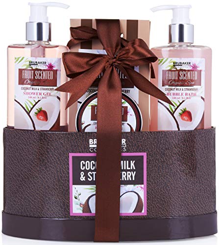 BRUBAKER Cosmetics Set de Baño y Ducha"Leche de Coco y Fresa" - Fragancia de Coco y fresa - Set de regalo de 5 piezas en estuche de regalo