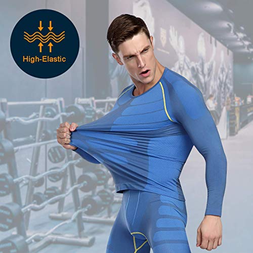 Bwiv Camiseta Hombre Deportiva Compresión Camiseta Interior Hombre Manga Larga Fitness Gimnasio Aire Libre para Entrenamiento Ciclismo de Azul y Línea Amarillo Talla M