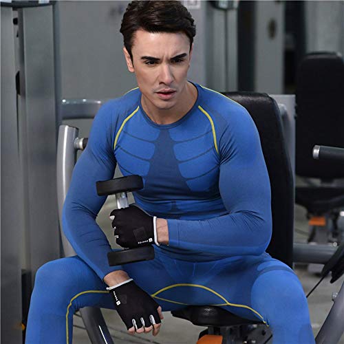 Bwiv Camiseta Hombre Deportiva Compresión Camiseta Interior Hombre Manga Larga Fitness Gimnasio Aire Libre para Entrenamiento Ciclismo de Azul y Línea Amarillo Talla M