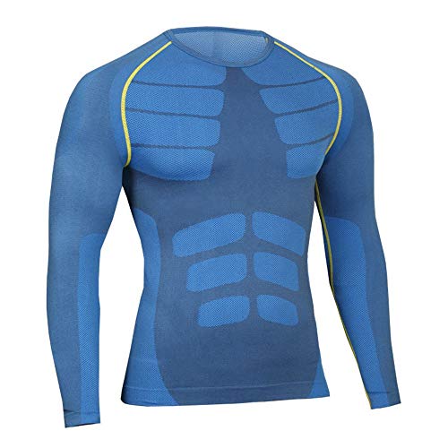 Bwiv Camiseta Hombre Deportiva Compresión Camiseta Interior Hombre Manga Larga Fitness Gimnasio Aire Libre para Entrenamiento Ciclismo de Azul y Línea Amarillo Talla M