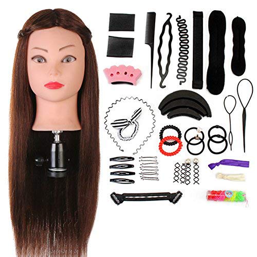 Cabeza de Maniquí Neverland 61 cm 60% Cabello Humano Real Practicas Formación Muñeca de la Cosmetología práctica maniquí para Peluquería con Soporte + Accesorios de Peinado DIY