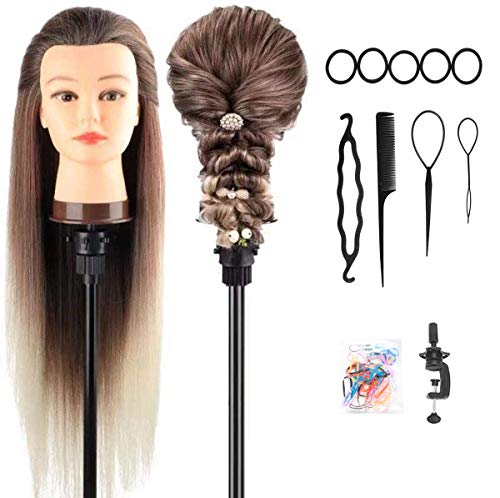 Cabeza maniquí, DanseeMeibr 66cm cabeza peluqueria Practicas Formación de la Cosmetología para trenza 100% de cabello sintéticas, cabeza de muñeca con Soporte de Mesa + Accesorios de Peinado C