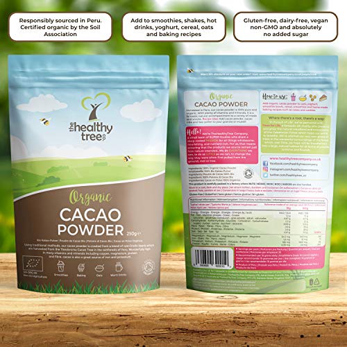 Cacao Crudo Orgánico en Polvo de TheHealthyTree Company para Yogur, Batidos y Repostería - Alto Contenido de Proteínas, Magnesio, Fibra y Potasio - Sin Azúcar, Polvo de Cacao Vegano (250 g)