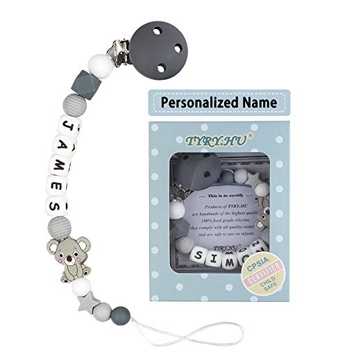 Cadena Chupetes Personalizado Koala Mapache Mordedor Bebes Nombre Cuentas Silicona Sin BPA Rosa Regalo de Ducha (Koala Gris)