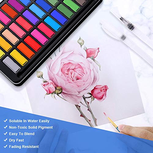 Caja de acuarelas, RATEL set de pintura de acuarelas incluye 36 colores pigmento sólido + 2 plumas de gancho de línea + 2 pinceles para tanque de agua + 10 papeles acuarela,colores acuarela conjunto