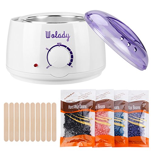 Calentador de Cera de la Aplicación Eléctrica Wolady Kit de Eliminación de Cera Caliente Depilatory Cera 500ml 4 Paquetes Granos de Cera 10 Palillos Madera Casero Spa Cara Brazos Axilas Piernas Bikini