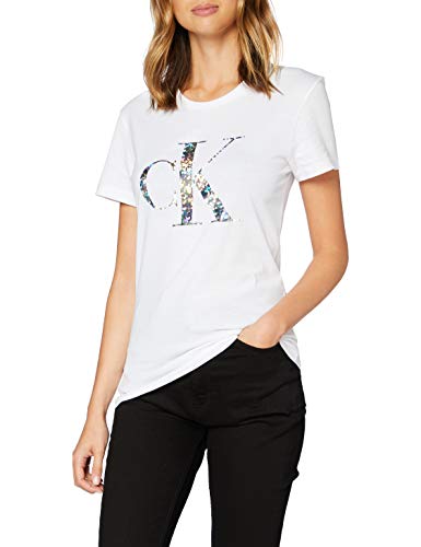 Calvin Klein Iridescent Metallic Logo tee Camisa, White, M para Mujer