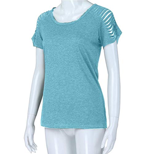 Camisetas Mujer Manga Corta SHOBDW Verano Playa Mar Blusa De Cuello Redondo Sexy Ahuecar Sólido Puro Ajustado Blusa De Hombro FríO Diario Azul Verde Tops para Mujer S-XL(Azul,L)