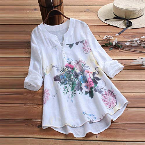 Camisetas Mujer Manga Larga SHOBDW 2019 Nuevo Cuello en V Tops de Túnica Blusas Suelto Estampado Floral Pullover Sexy Casual Verano Camisetas Mujer Tallas Grandes M-5XL(Blanco,5XL)