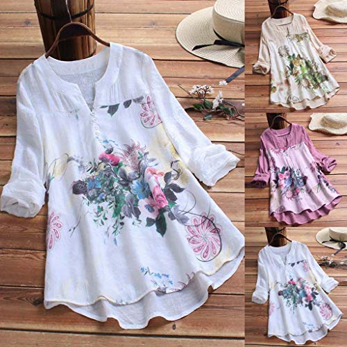 Camisetas Mujer Manga Larga SHOBDW 2019 Nuevo Cuello en V Tops de Túnica Blusas Suelto Estampado Floral Pullover Sexy Casual Verano Camisetas Mujer Tallas Grandes M-5XL(Blanco,3XL)