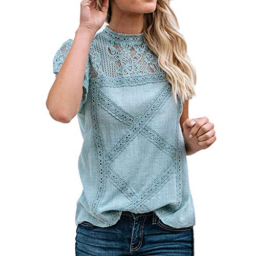 Camisetas Mujer SHOBDW Dia de la Mujer Verano Patchwork De Encaje Casual Ahuecar Volantes Manga Corta Suéter De Cuello De Tortuga Linda Blusa Floral Camiseta Blanca para Mujer (M, Azul)