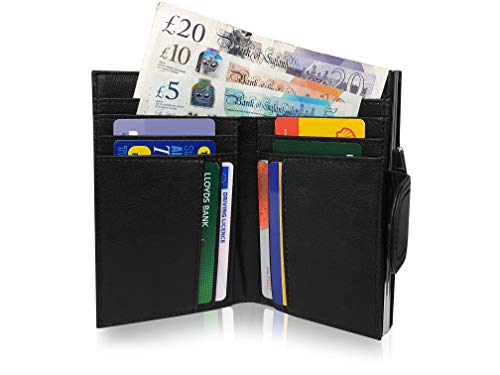 Cartera de Mujer con Bloqueo RFID y NFC en Piel - 8 Ranuras para Tarjetas de Débito o Crédito y Cierre de Botón - 2 Ranuras para Billetes - Monedero con Broche de Metal - Quenchy London QL39K Negro