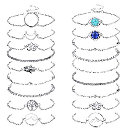 CASSIECA 18Piezas Conjunto de Pulseras Bohemias para Mujeres Niñas Arbol de Vida Luna Cadena Lotus Pulseras Fatima Tobillera Círculo Pulsera Luna Amistad Joyería