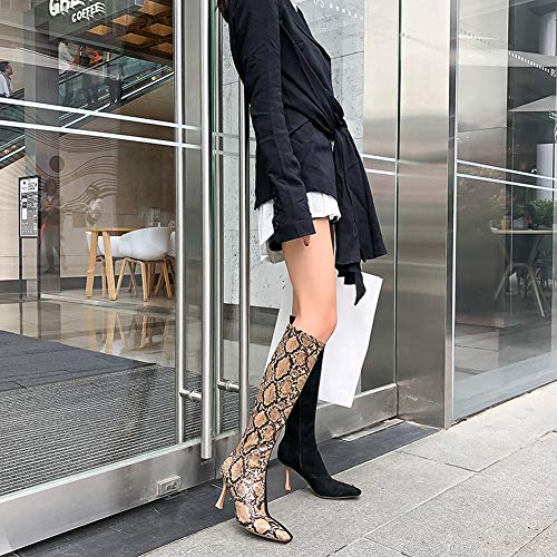 CJCJ-LOVE Botas hasta La Rodilla para Mujer, Botas Sexis con Estampado De Serpiente, Estilete De Punta Cuadrada, Cremallera Lateral De Tacón Bajo, Botas De Becerro Individual,Snake Print,39