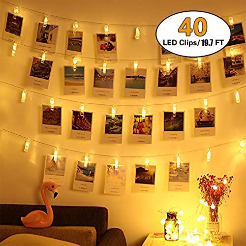 Clip Cadena de Luces LED, Adurei 40 LED Foto Clips 6M Plana Betri Batería Bildleuchten Pinzas LED Luces Decorativas de Hadas Para Colgar Fotos, para Fiesta Interior/Exterior(Blanco Cálido) …